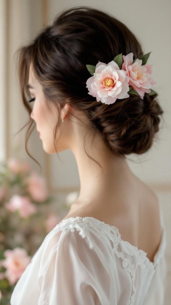 A woman with a soft pink camellia hair clip in her elegant hairstyle.