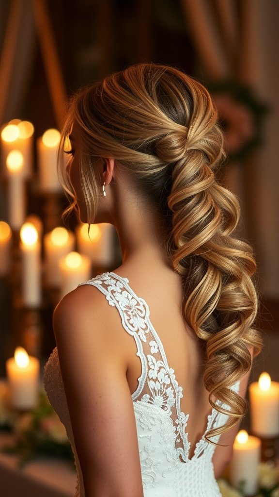 A bride with soft waves styled in a ponytail, showcasing a beautiful dress and elegant setting.