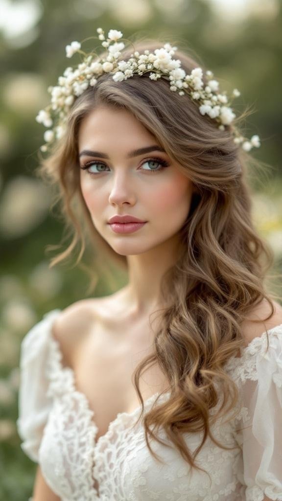 Bride with soft waves and a vintage hairpiece surrounded by flowers