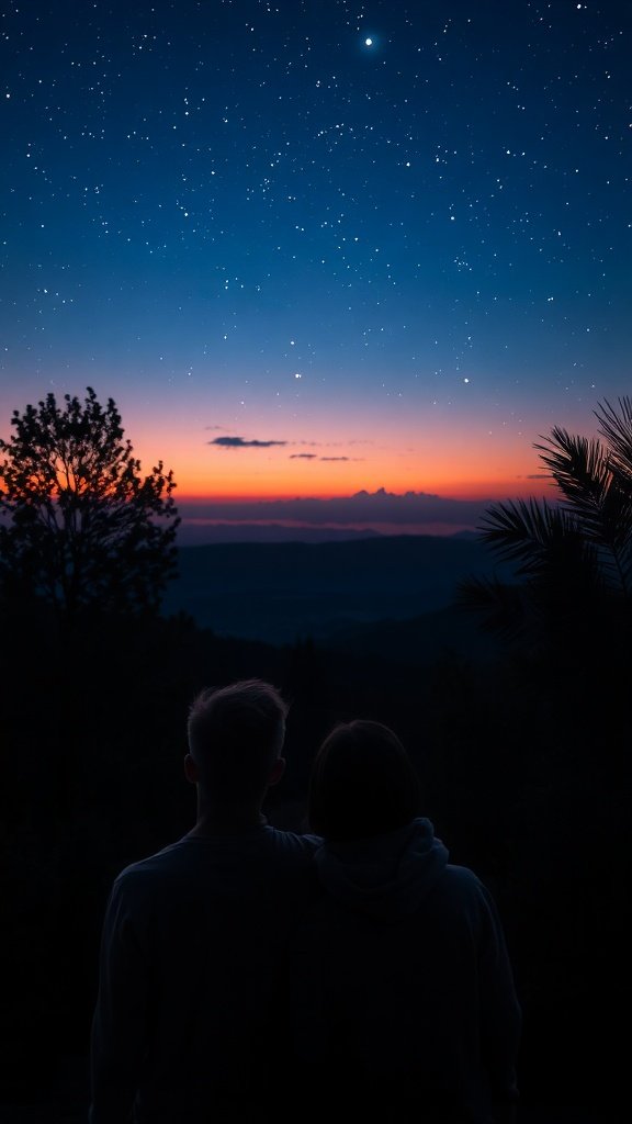 A couple watching a sunset transition into a starry night.