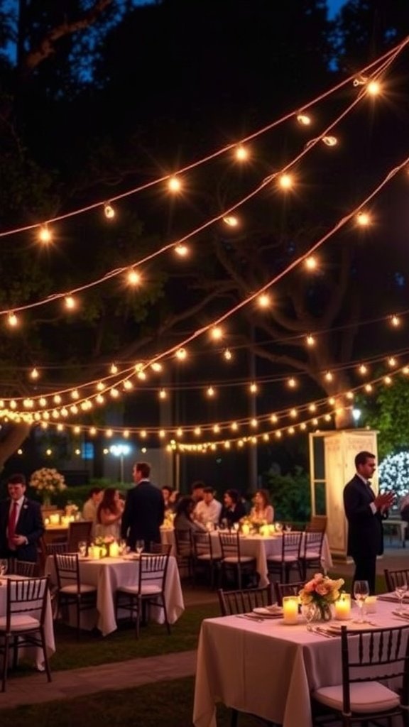 A beautifully lit outdoor wedding reception with string lights overhead.