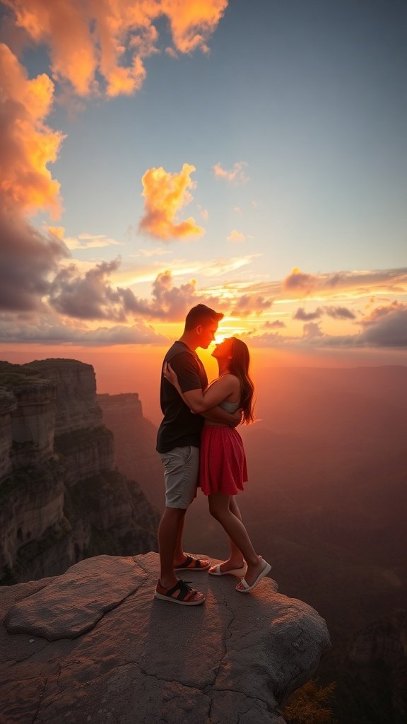 Couple sharing a kiss on a cliff during sunset