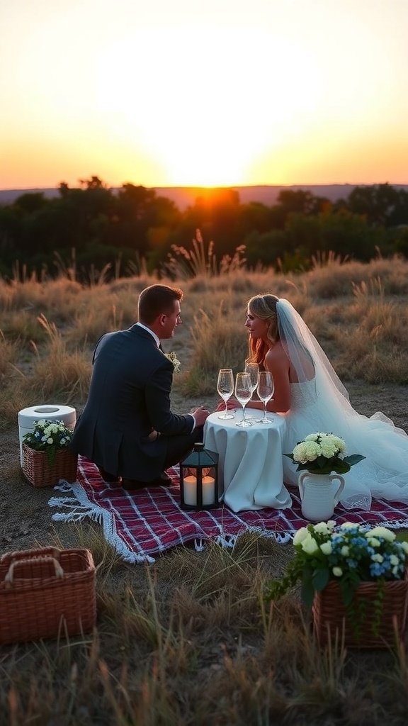 A couple enjoying a sunset picnic with a blanket, flowers, and lanterns.