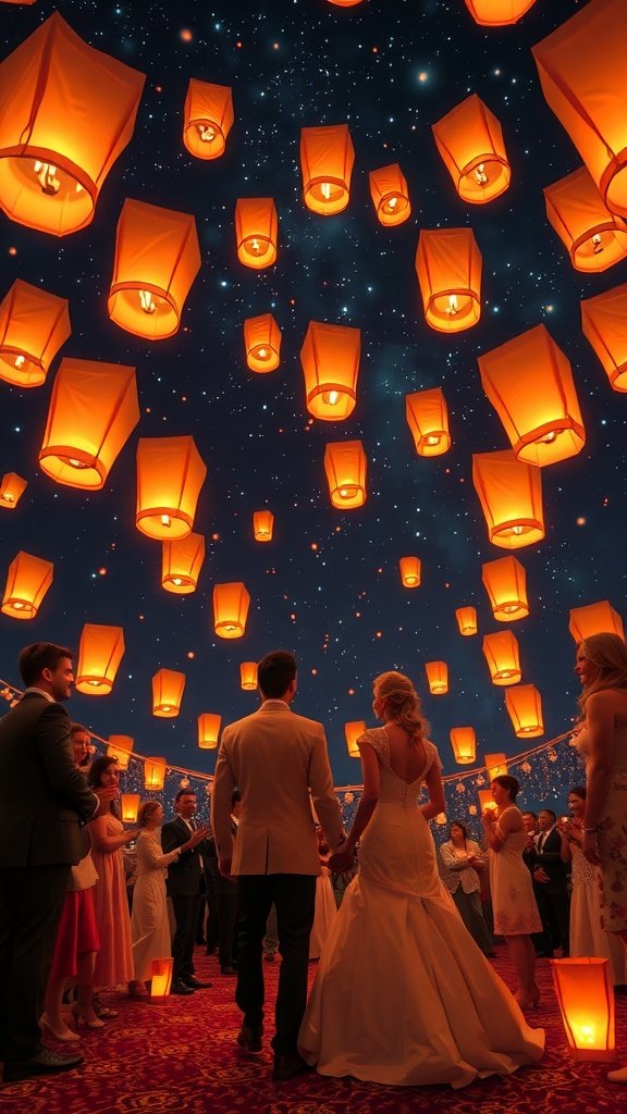 A romantic wedding send-off with glowing lanterns in the night sky.