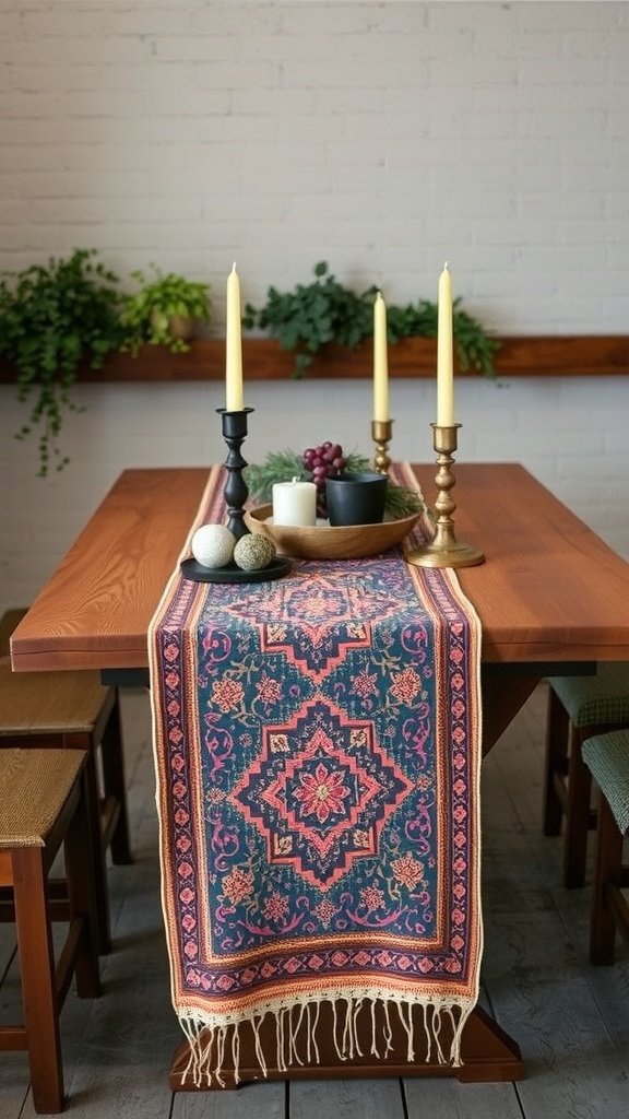 A beautifully designed tapestry table runner on a wooden table, adorned with candles and decorative items.