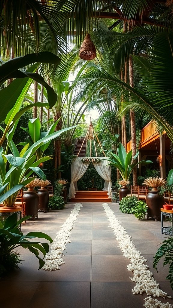 A beautifully decorated wedding venue with lush greenery, flower petals, and a canopy.