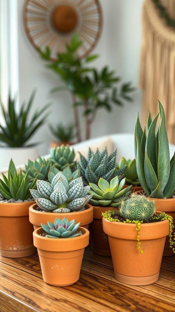 Terracotta pots with various succulents arranged on a wooden table.