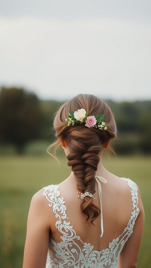 A bride with a textured ponytail adorned with floral accents, showcasing a romantic hairstyle.