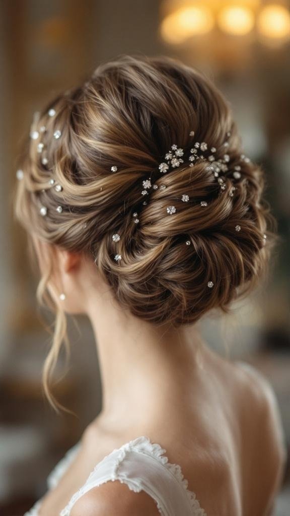 A beautiful textured updo hairstyle adorned with gemstone pins, showcasing a romantic and elegant look.