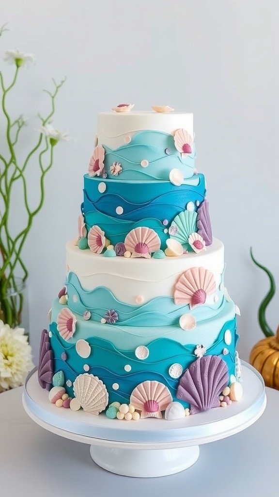 A three-tiered cake decorated with blue waves and seashells, inspired by The Little Mermaid.