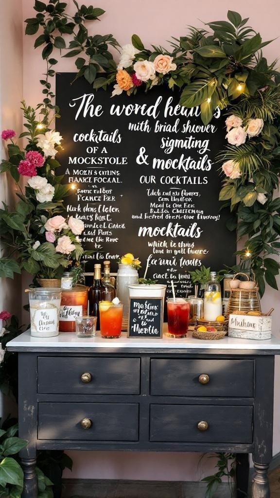 A beautifully arranged drink station with cocktails, mocktails, and floral decorations.