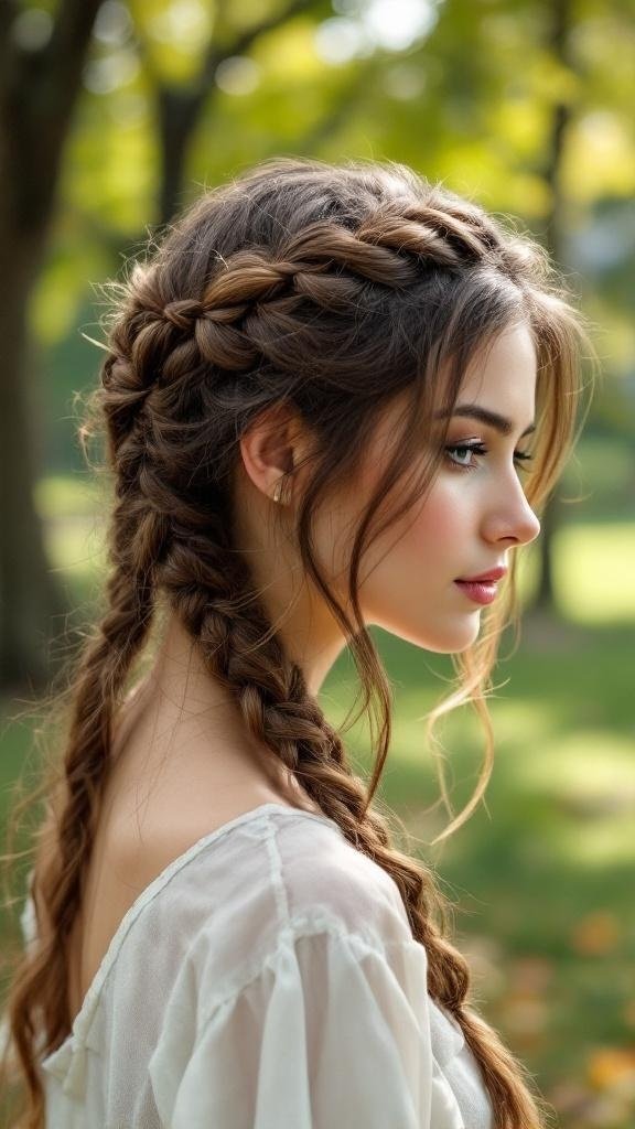 A woman with a twisted crown braid hairstyle, showcasing intricate braids and soft tendrils.