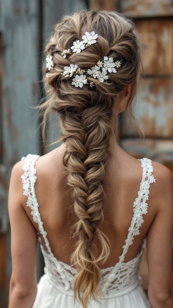 A twisted side braid adorned with lace flowers, showcasing a romantic hairstyle for a bohemian wedding.