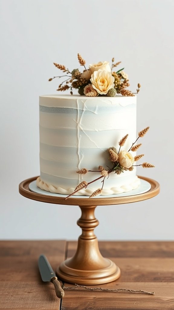 A vanilla buttercream cake adorned with dried flowers, displayed on a wooden cake stand.
