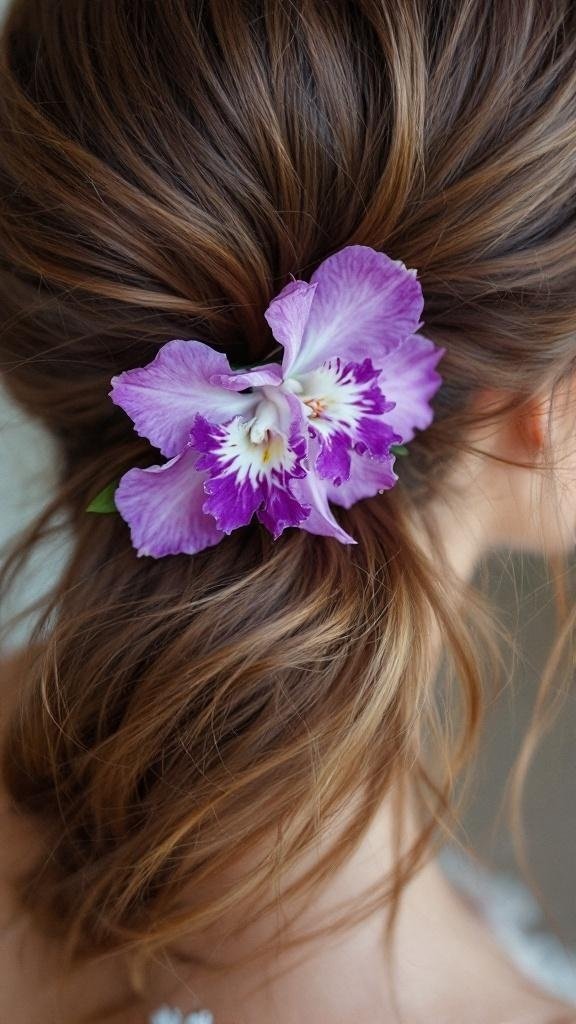 A close-up of a woman's hair with a vibrant purple orchid clip.