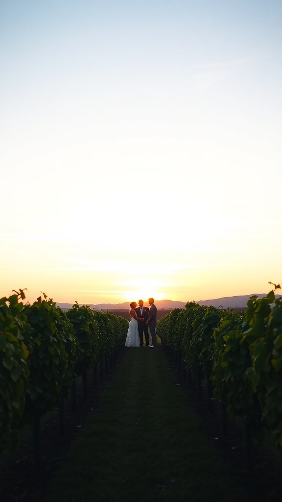 Couple standing in a vineyard at sunset.