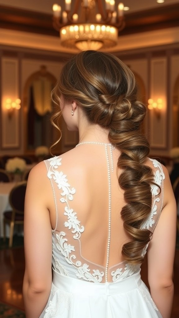 A bride with a vintage-inspired low ponytail, showcasing soft waves and intricate details.