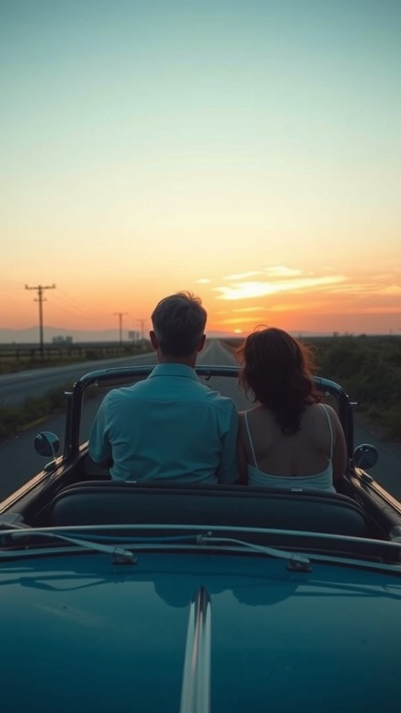 A couple sitting in a vintage car, enjoying a sunset view.