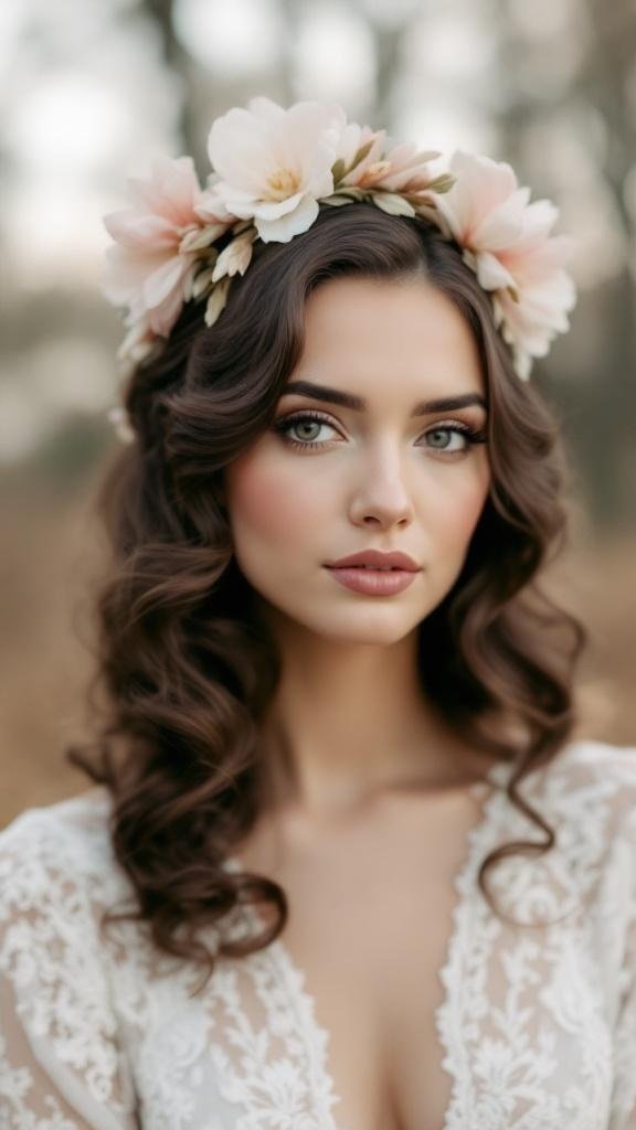 A bride wearing a vintage magnolia hairpiece with pink flowers and lush greenery.