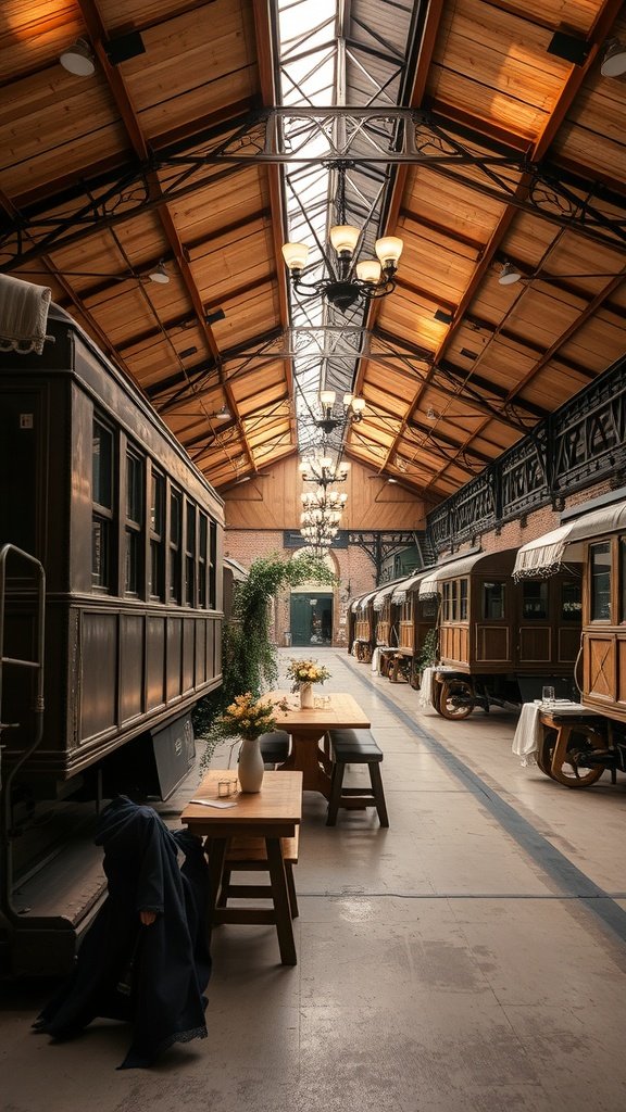 Interior of a vintage train station with wooden beams and vintage train cars.