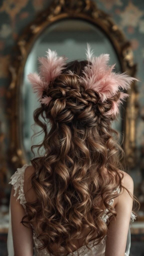 A bride with vintage waves and pink feather accessories in her hair, showcasing a bohemian hairstyle.
