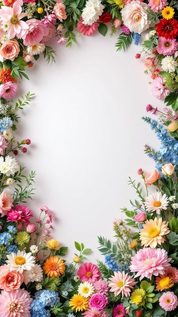 A colorful floral backdrop featuring various flowers and greenery.
