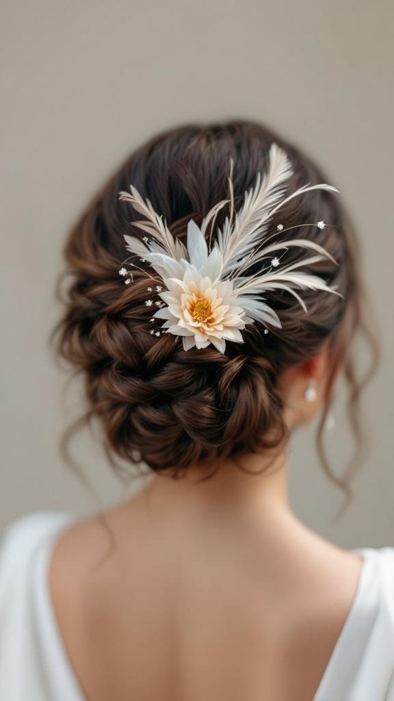 A beautiful hairpiece featuring a flower and feathers, styled in a bridal updo.