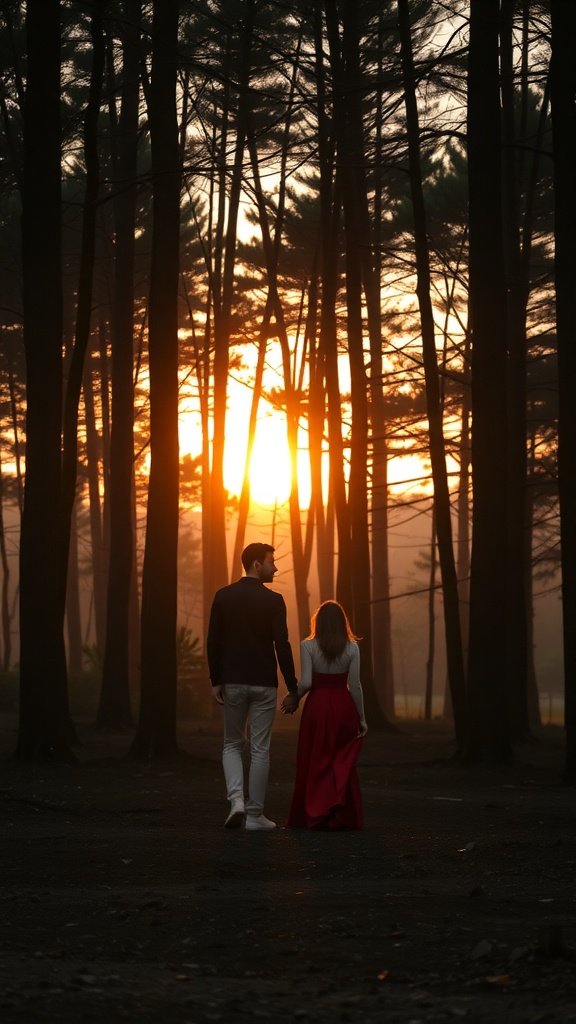 Couple walking hand in hand in a forest during sunset