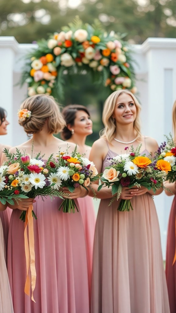 Bridesmaids holding wildflower bouquets in soft pink dresses