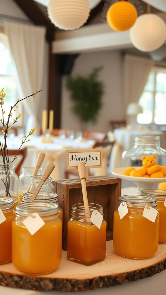 A charming honey bar with jars of honey and a sign labeled 'Honey bar'.