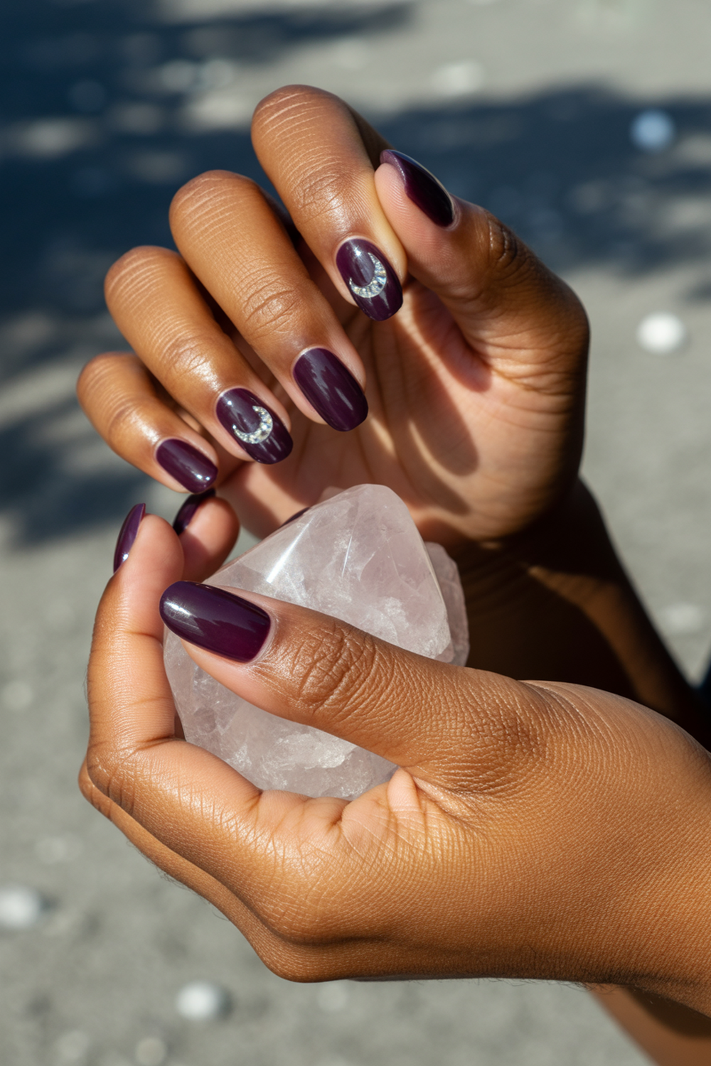 Crystal Crescent Moons on Dark Purple Nails