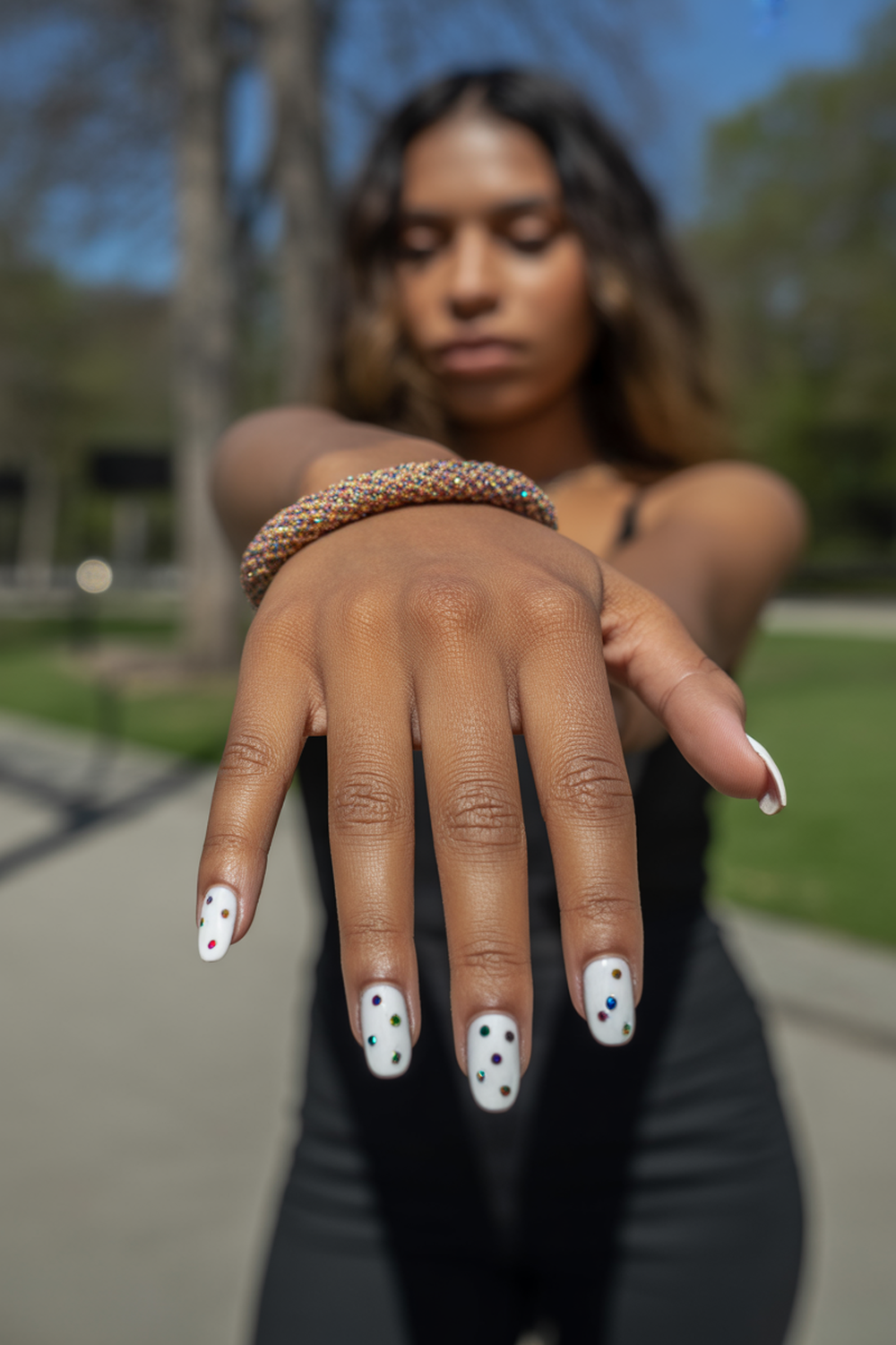 Rainbow Crystal Accents on White Nails