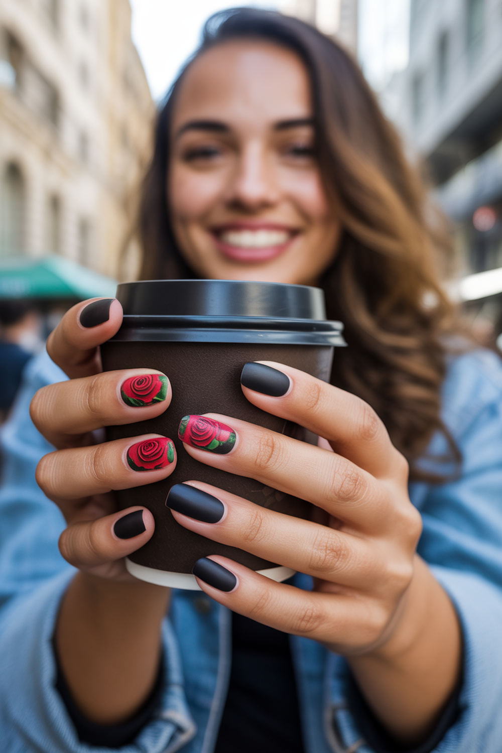 Bold Red Roses on Matte Black Nails