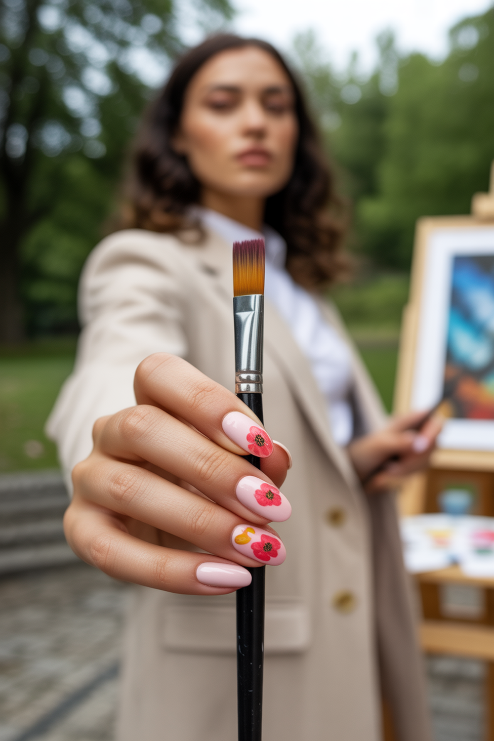 Colorful Poppy Blooms on Soft Pink Nails