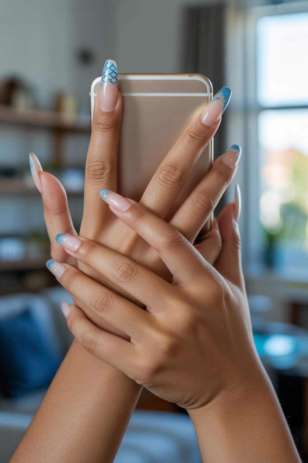 Clear Nails with Blue Glitter and Scale Tips