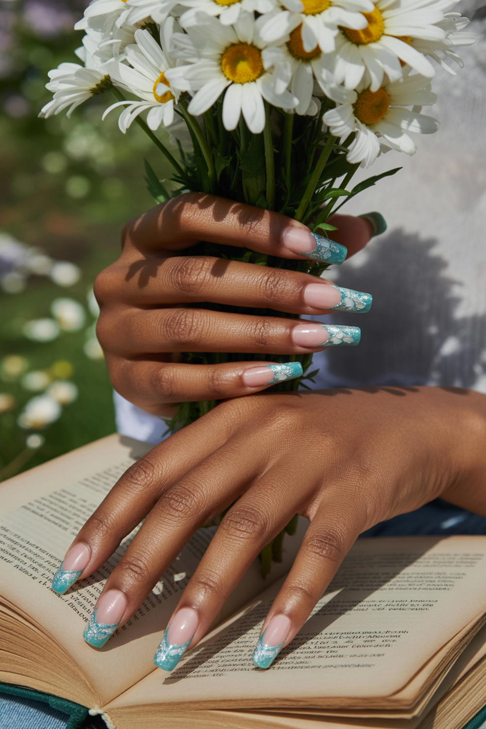 Glittering Aqua French Manicure with Scale Detail