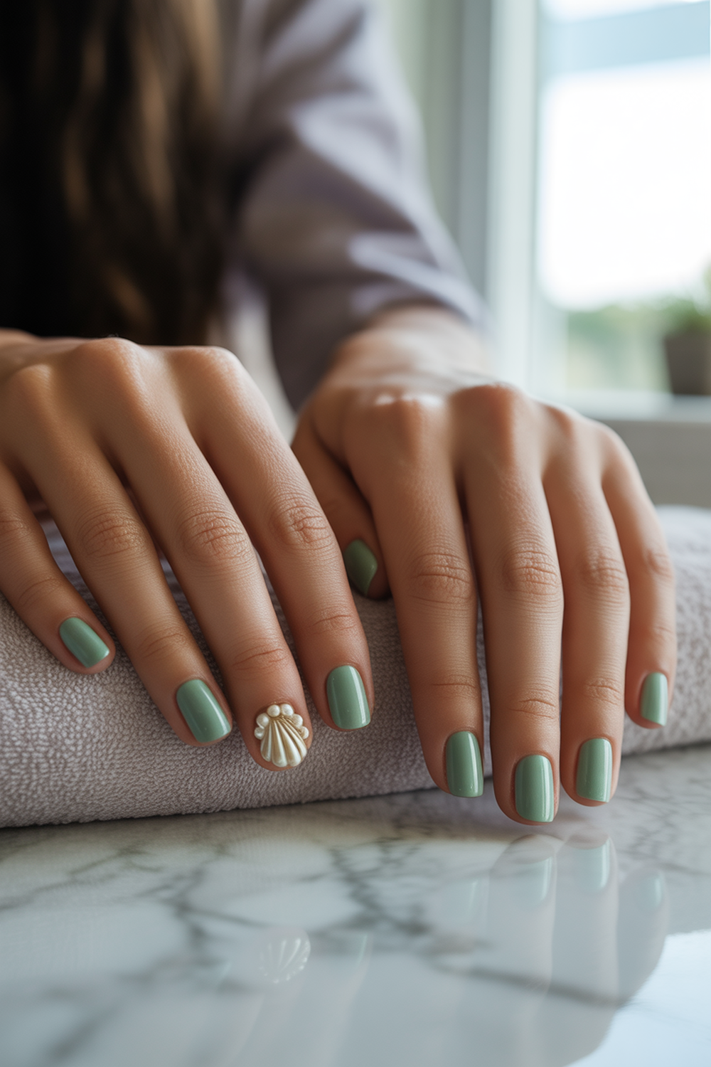 Pearl-Studded Mermaid Shell Accent Nail