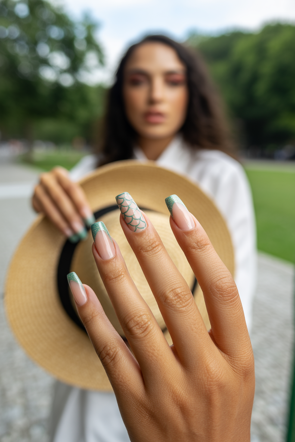 Seafoam Glitter French Tips with Scale Accent