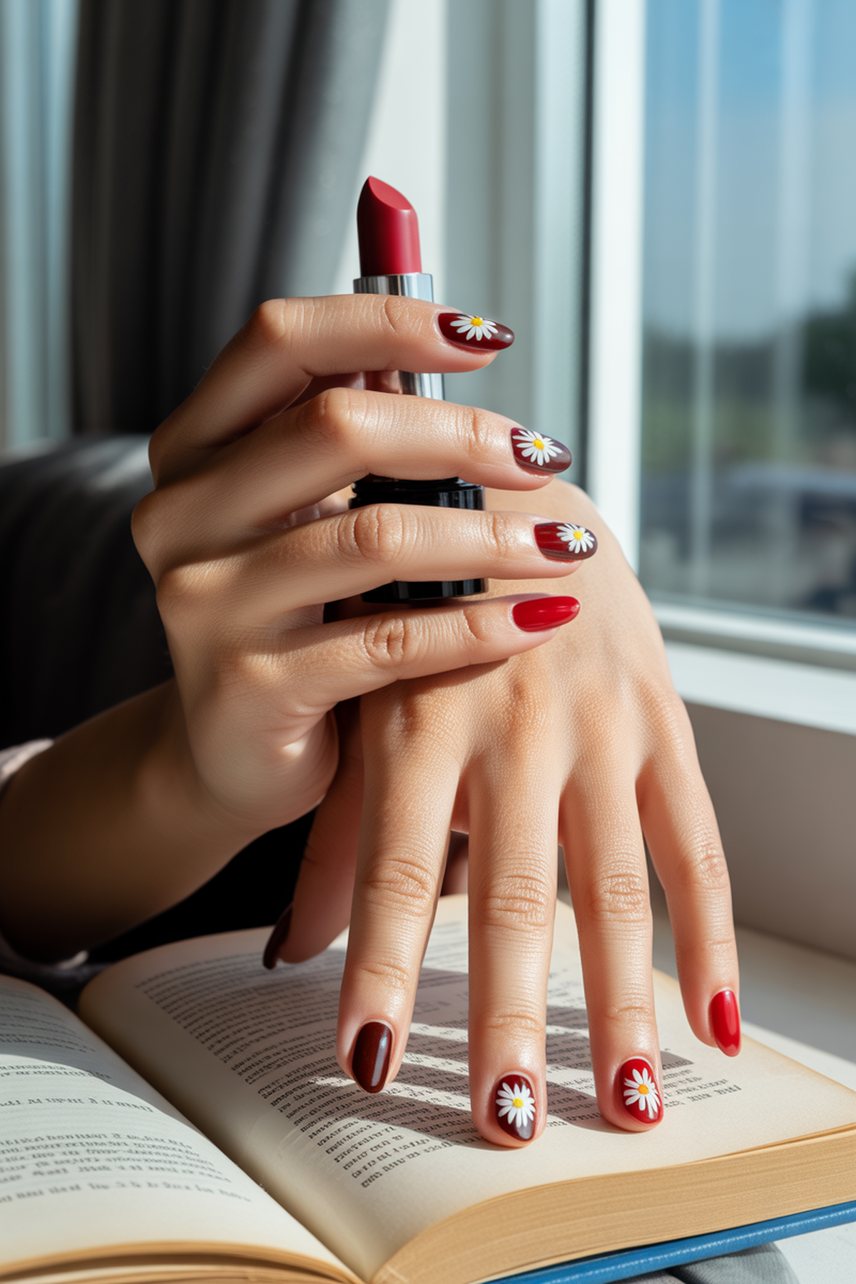Bold Red Nails With Tiny White Daisy Accents