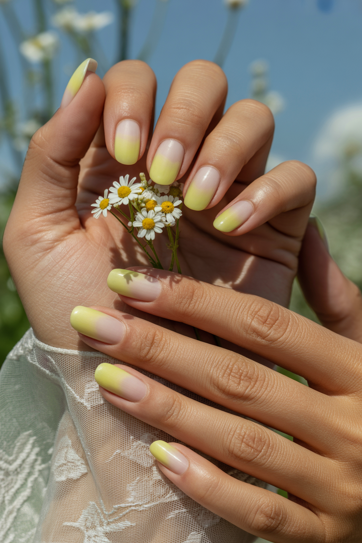 Subtle Ombre Nails With Floating Daisies