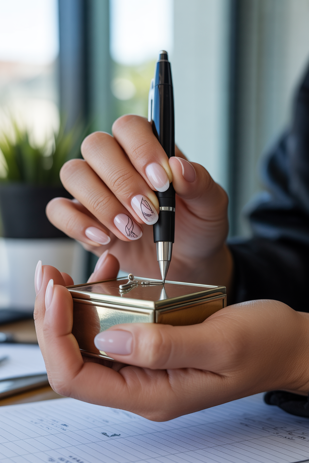Clear Nails with Tiny Black Line Art