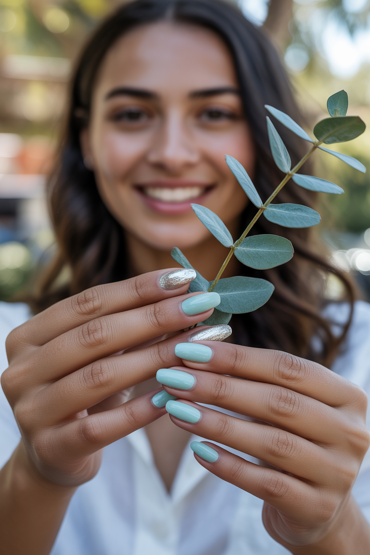 Light Mint Nails with Silver Foil Accents