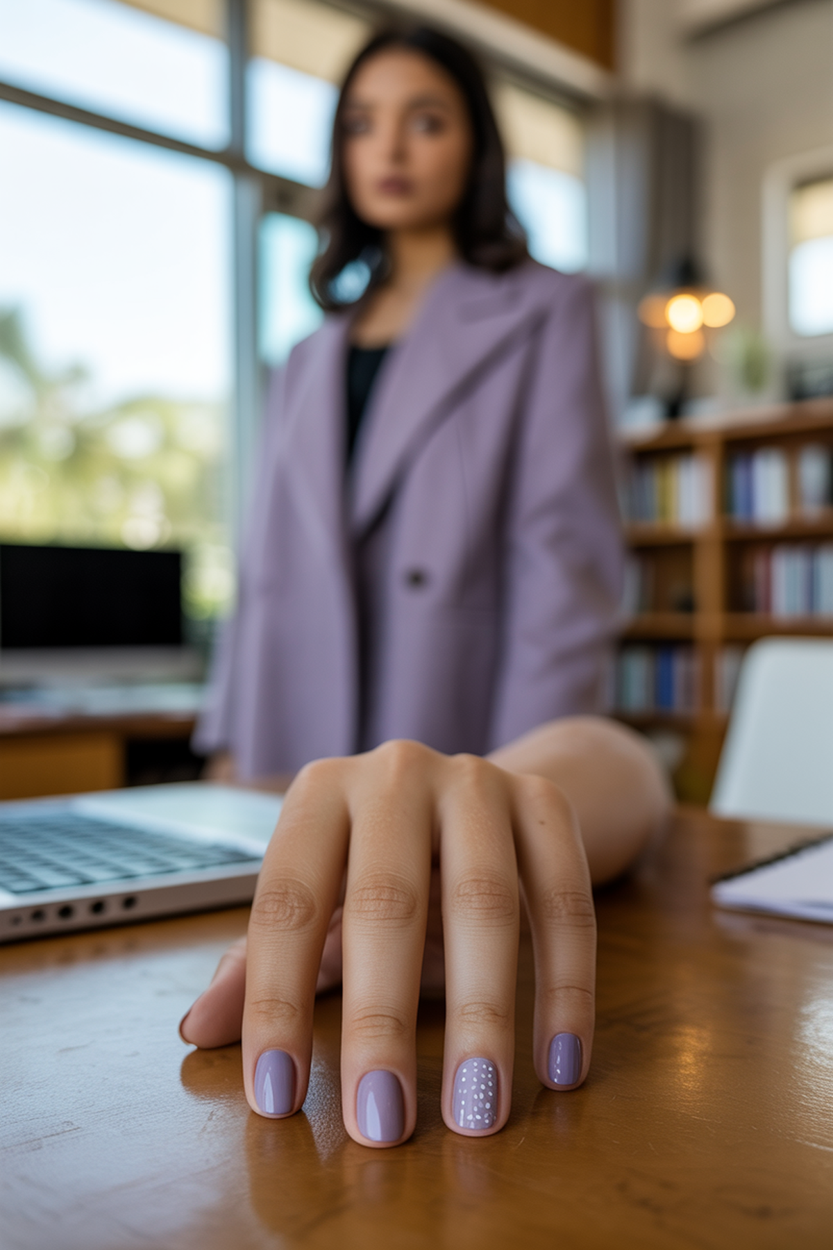 Muted Lavender Nails with White Dot Trails