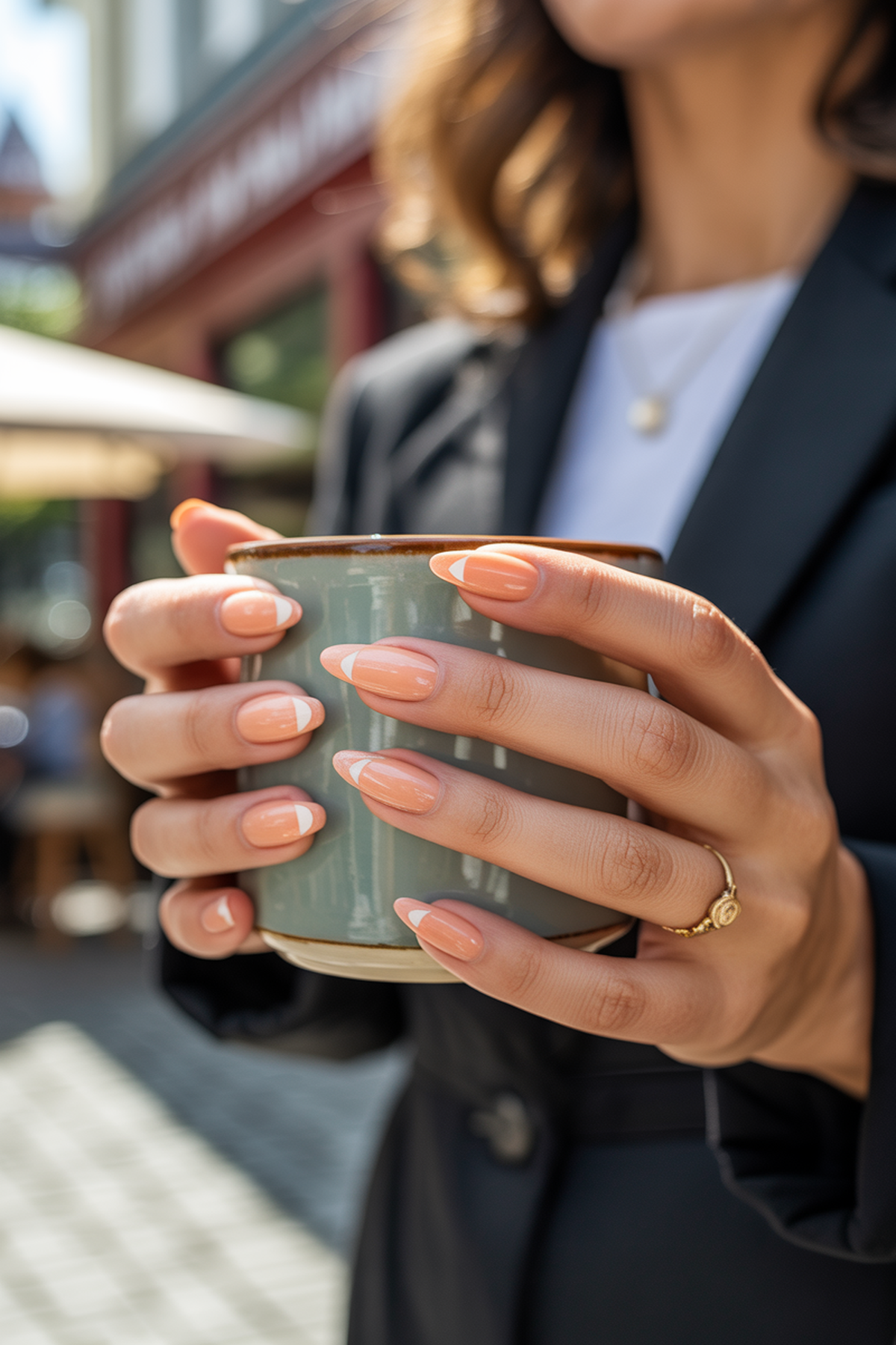Pale Peach Nails with Minimalist White Triangles