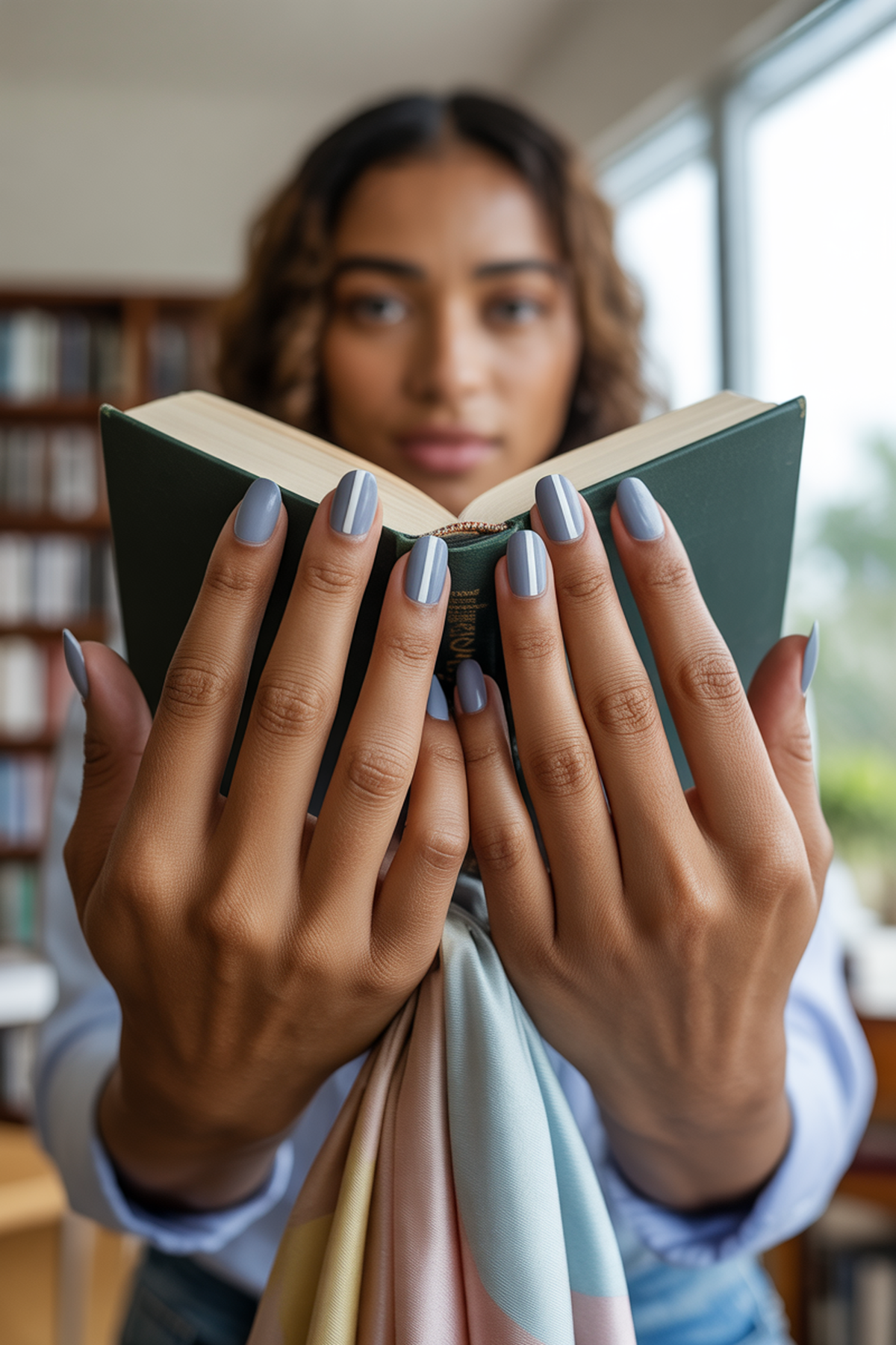 Soft Gray Nails with Single White Stripe