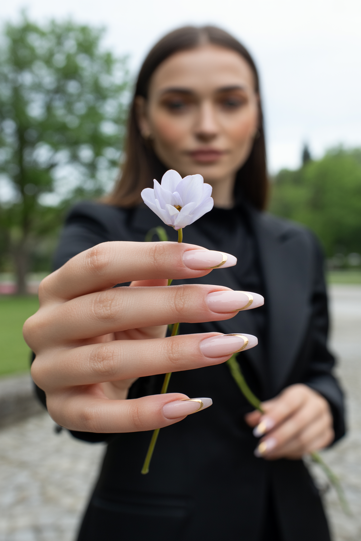 Soft Nude Nails with Thin Gold Striping