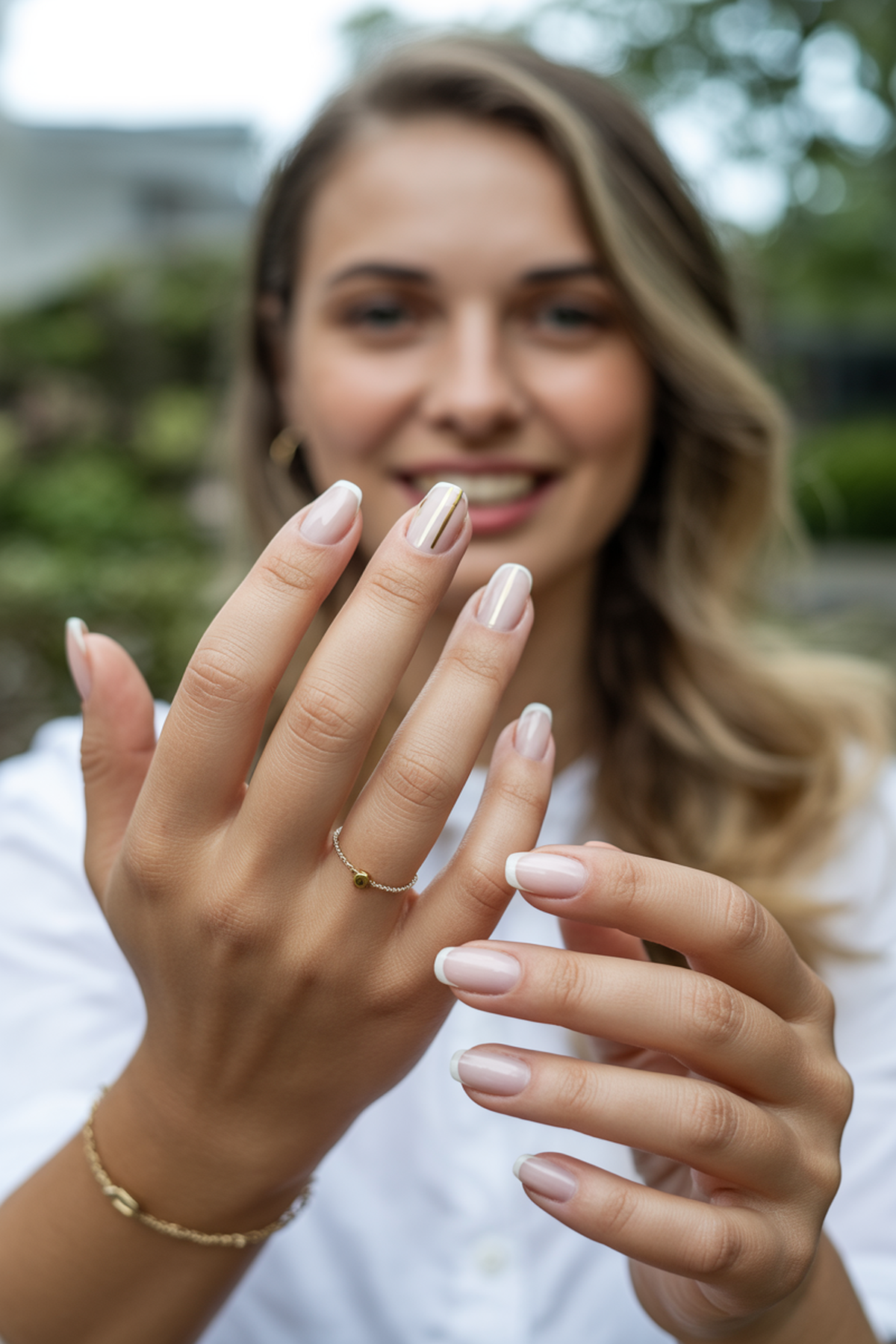 Soft White Nails with Minimalist Gold Lines