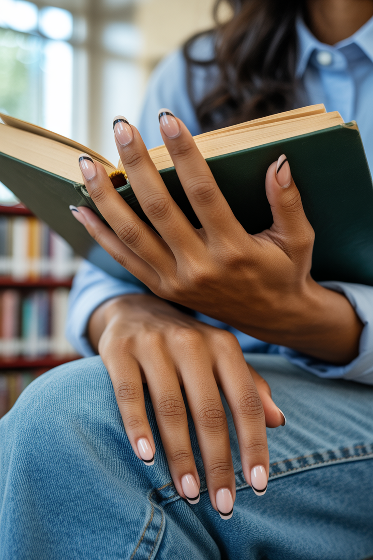 Warm Beige Nails with Black French Tips