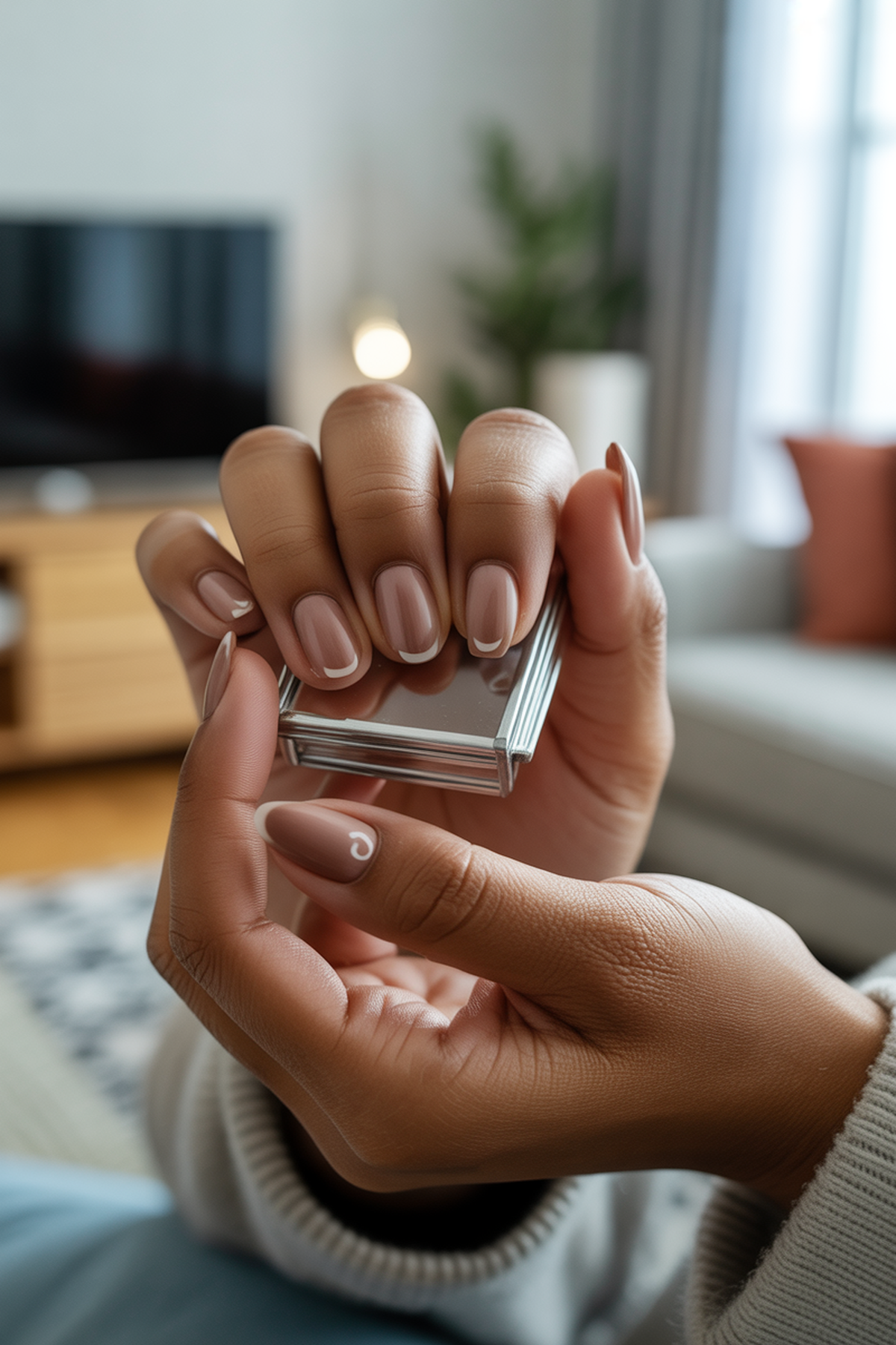 Warm Taupe Nails with Tiny White Half-Moons