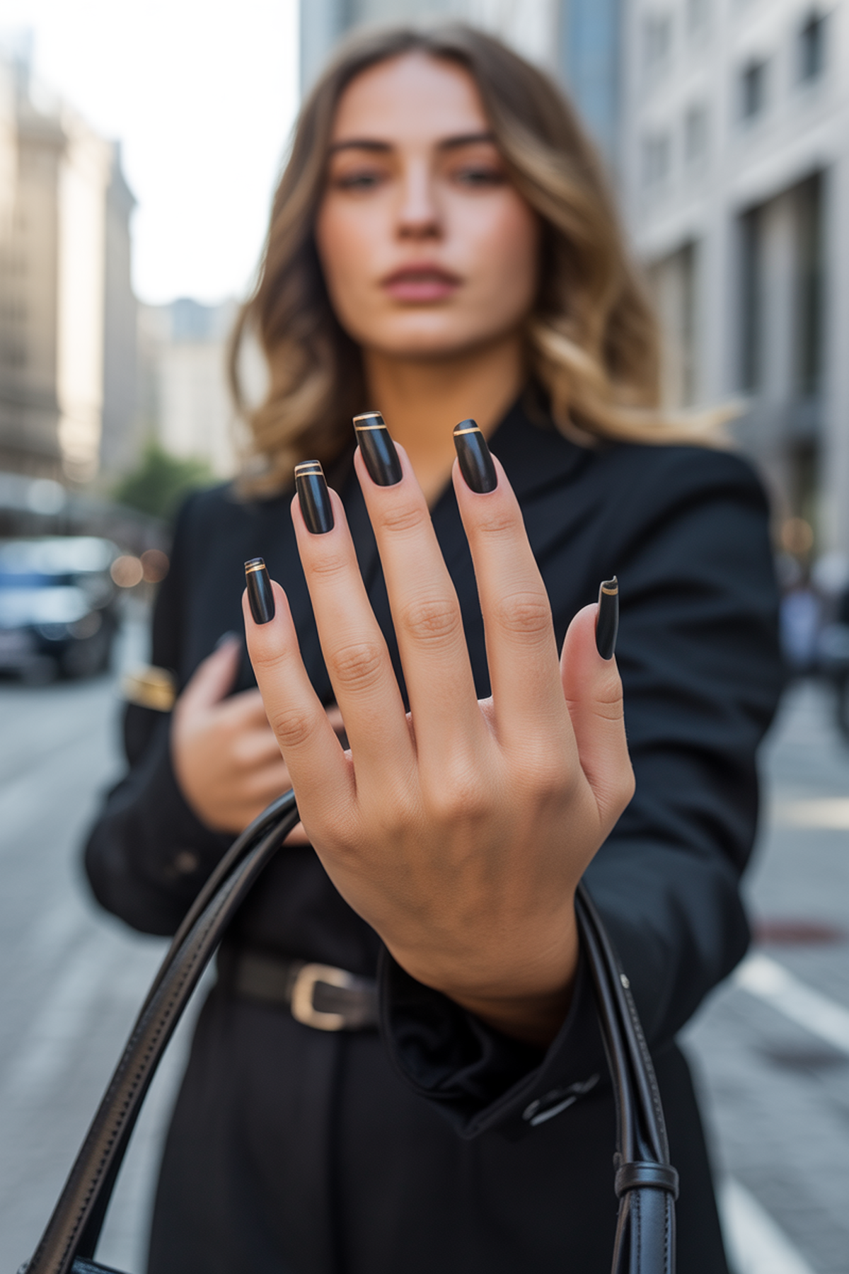 Black Matte Nails With Minimal Gold Leaf Lines